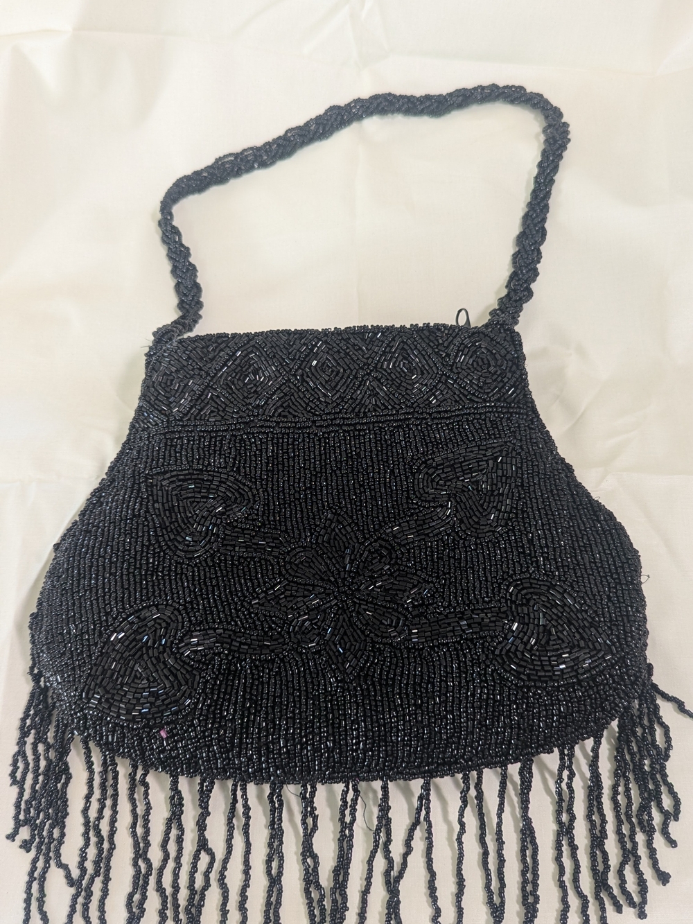 Vintage Black Beaded Fringe Evening Bag Flapper Style Purse